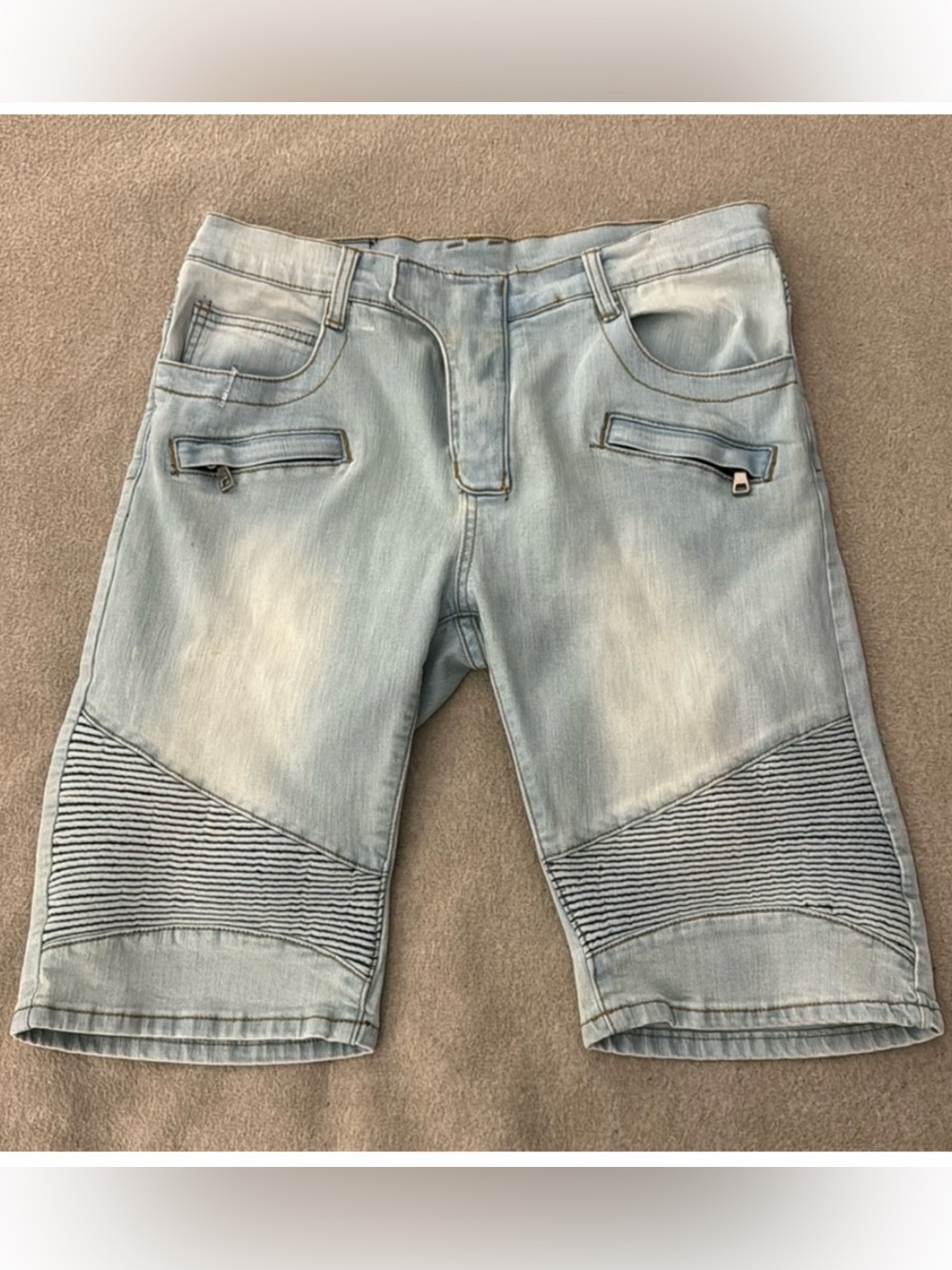 Balmain Light Blue Distressed Denim Moto Shorts